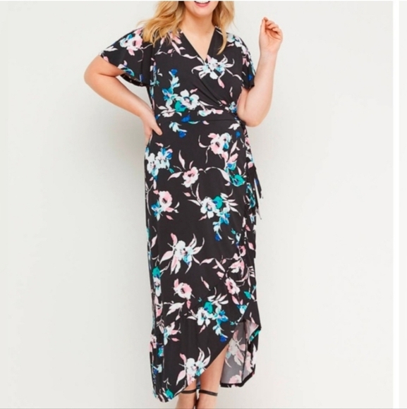 Lane Bryant black and floral maxi hi-lo faux wrap dress sz 22/24 - Picture 7 of 9